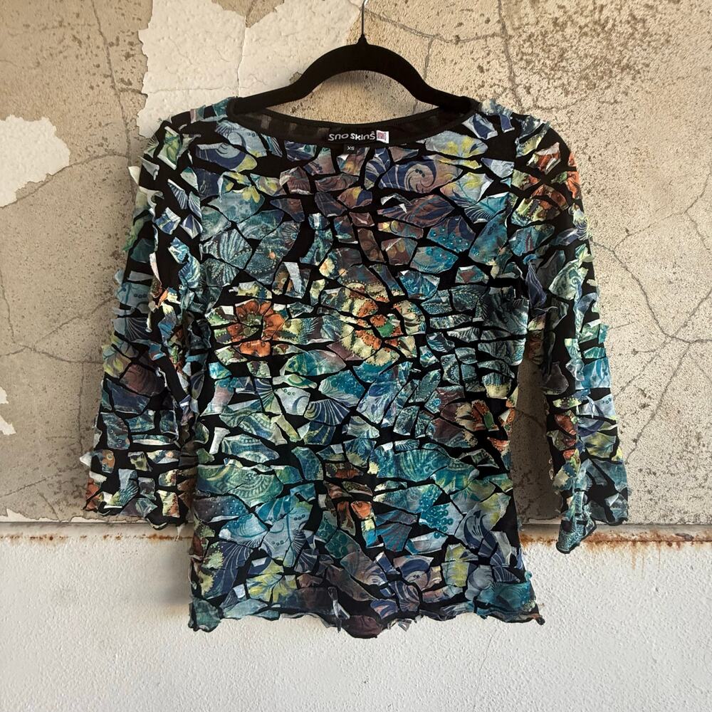 Y2K Top Textured Abstract Print Crinkle‎ Shirt Sno Skins Womens XS Made in USA